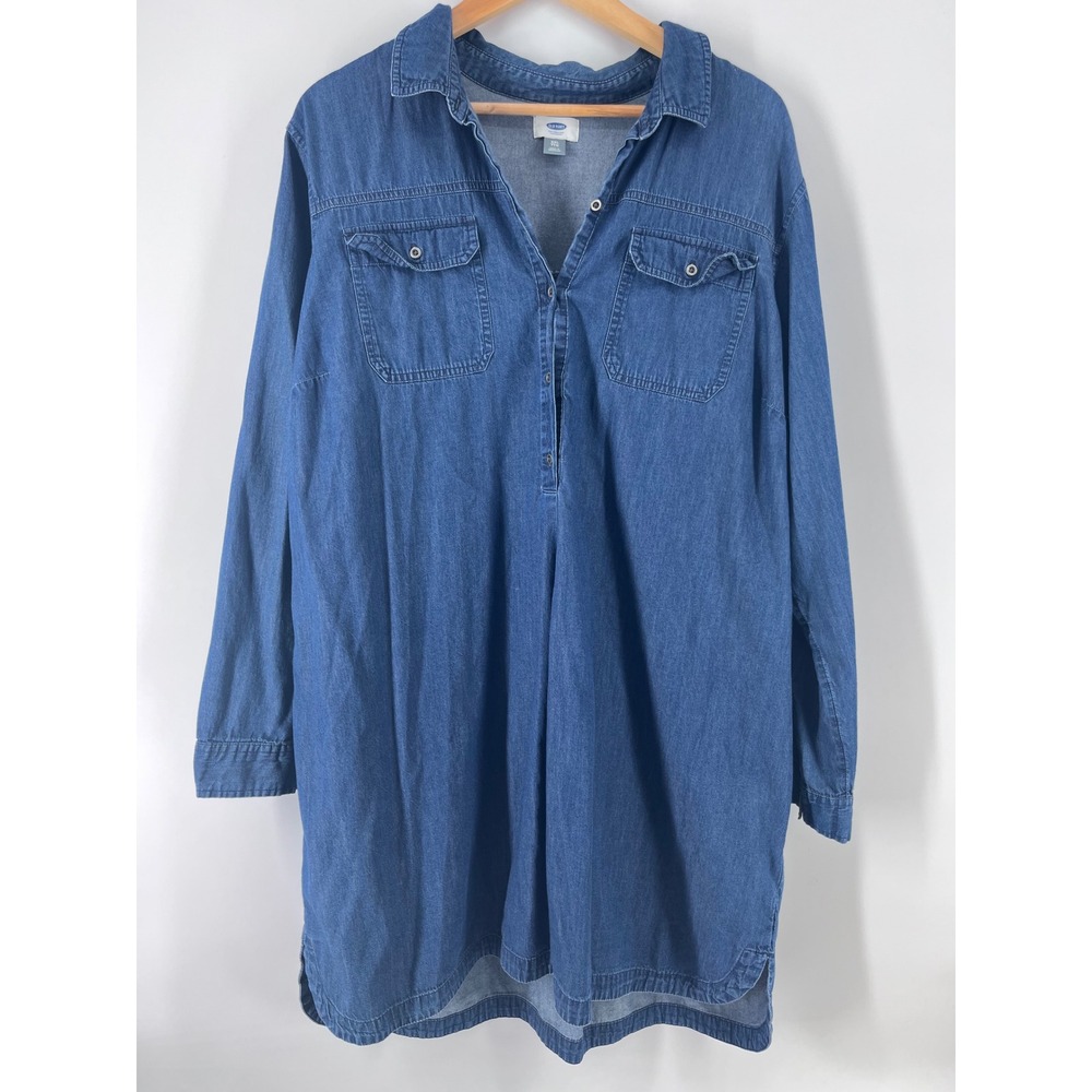 Old Navy XXL Blue Denim Shirt Dress Long Sleeve Cotton Chambray Mini Dress Boho